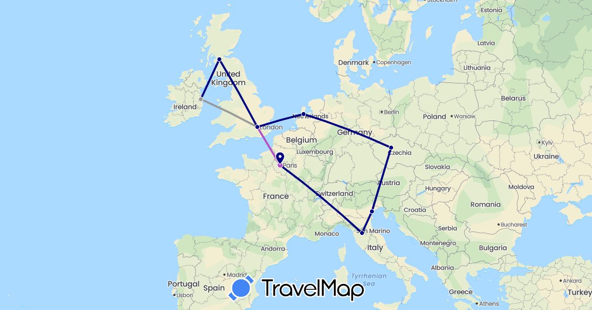 TravelMap itinerary: driving, plane, train in Czech Republic, France, United Kingdom, Ireland, Italy, Netherlands (Europe)